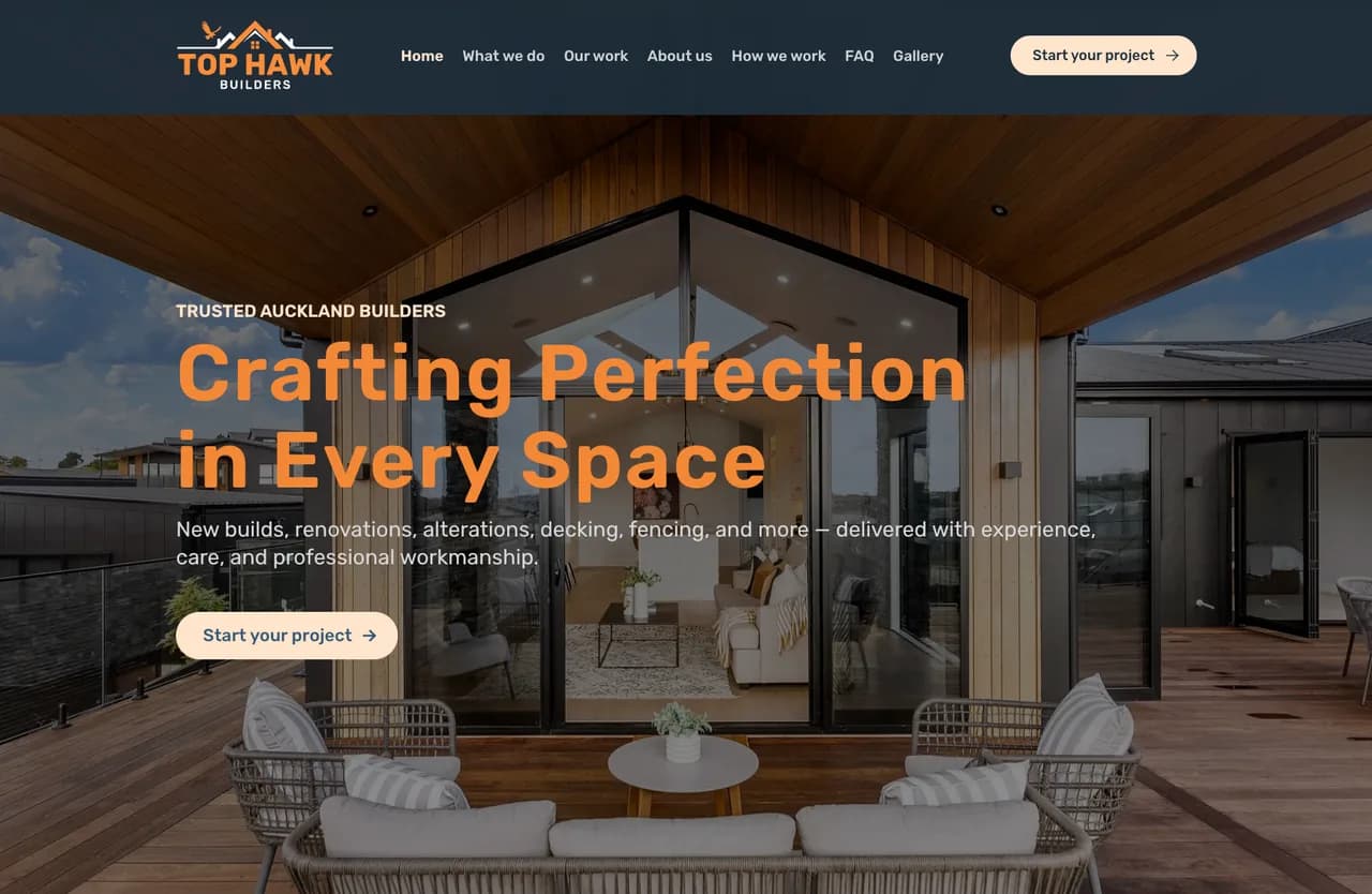 Top Hawk Builders homepage showing residential building services, project imagery, and a project enquiry call to action